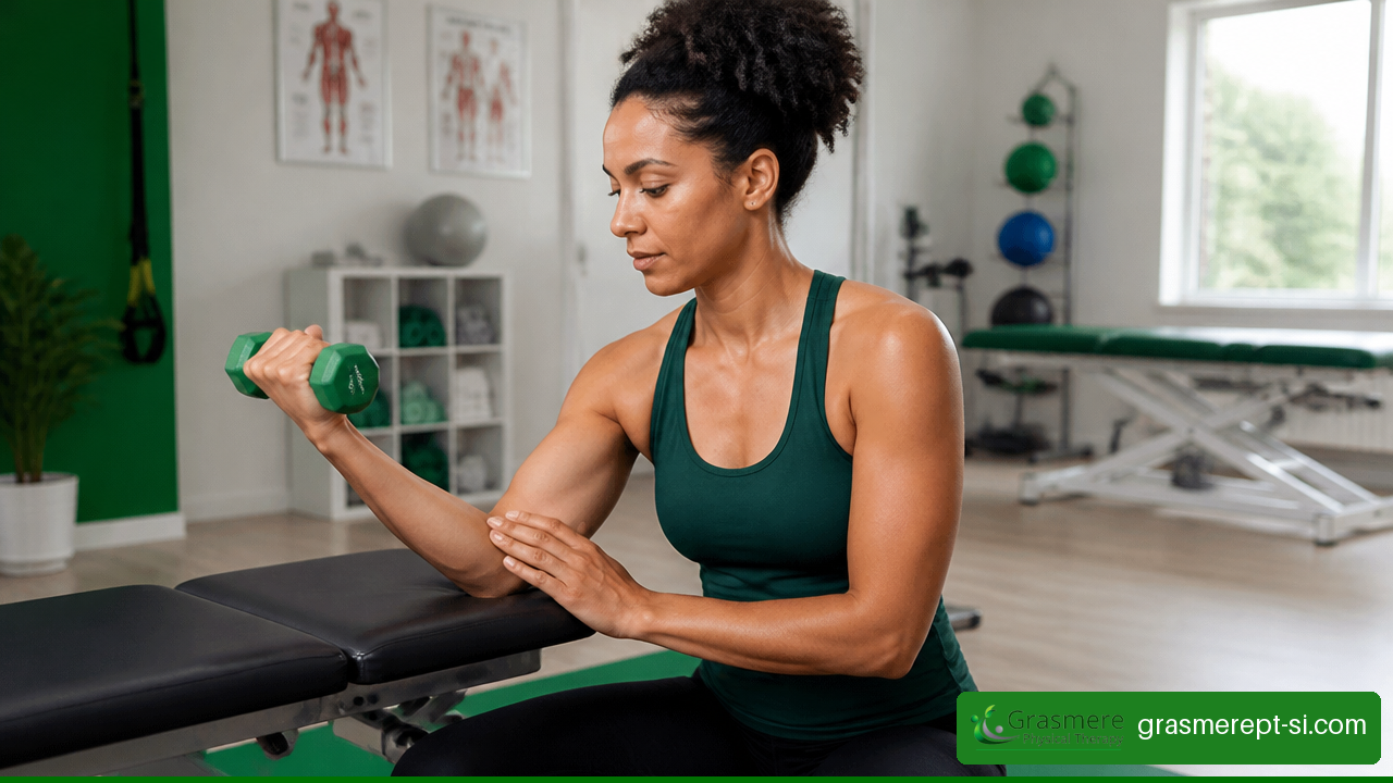 Adult performing a controlled shoulder strengthening exercise as part of rotator cuff rehabilitation.