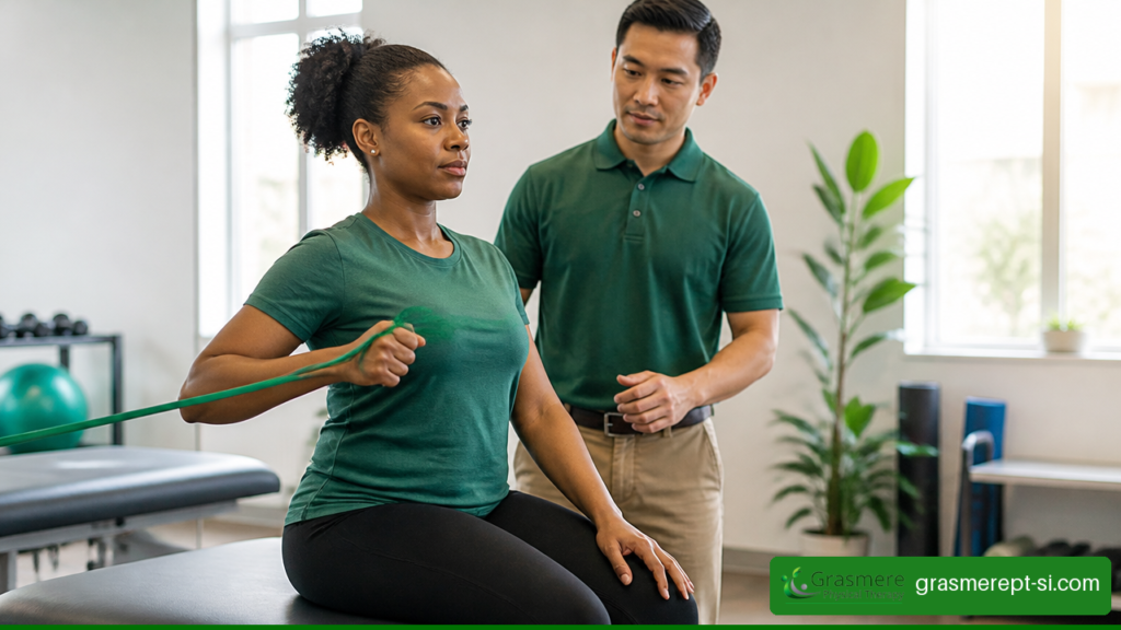 Adult performing a resistance band shoulder exercise during rotator cuff physical therapy.