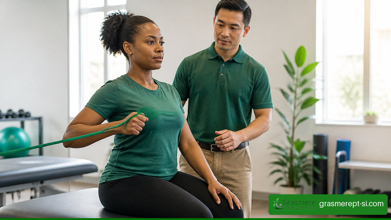 Adult performing a resistance band shoulder exercise during rotator cuff physical therapy.